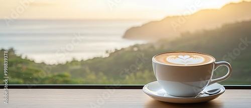  A cappuccino on a saucer, table side, ocean view behind