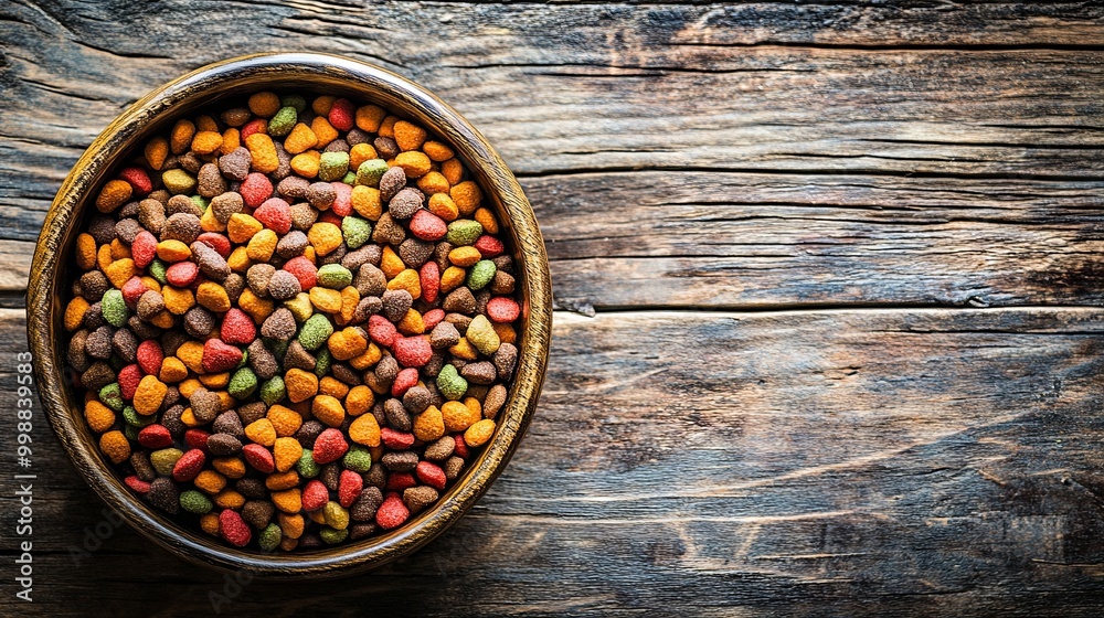 Colorful dry pet food in a bowl resting on a wooden table, the bright hues and inviting presentation for pets. Colorful dry pet food in a bowl resting on a wooden table, the bright hues and inviting presentation for pets.