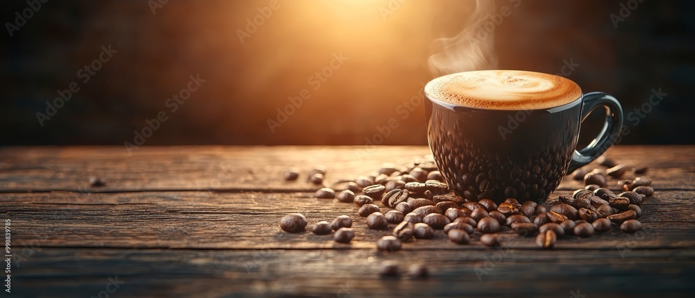 A cup of coffee atop a wooden table, brimming with coffee beans Steam wafts off the mug A cup of coffee atop a wooden table, brimming with coffee beans Steam wafts off the mug