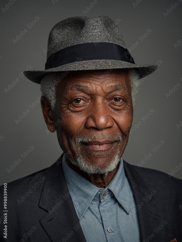 Elderly African American man with gray hair and beard, wearing gray fedora hat and blue collared shirt, smiling warmly at camera Elderly African American man with gray hair and beard, wearing gray fedora hat and blue collared shirt, smiling warmly at camera