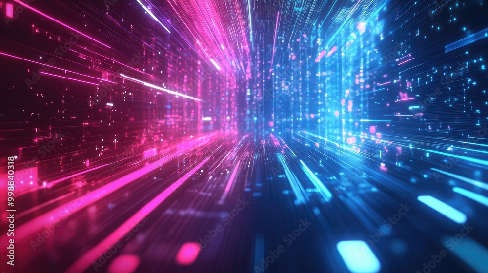 Abstract digital space with glowing lines and digital data in pink and blue. Abstract digital space with glowing lines and digital data in pink and blue.