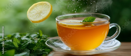 Panel kuchenny z motywem  A cup of tea with a lemon slice and a mint sprig on its rim