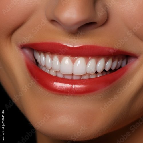 This is a detailed close up of a woman s beautiful smile featuring red lipstick