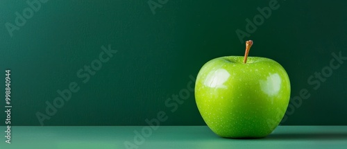  A green apple, with a toothpick inserted through its core, rests on a verdant surface before a green wall