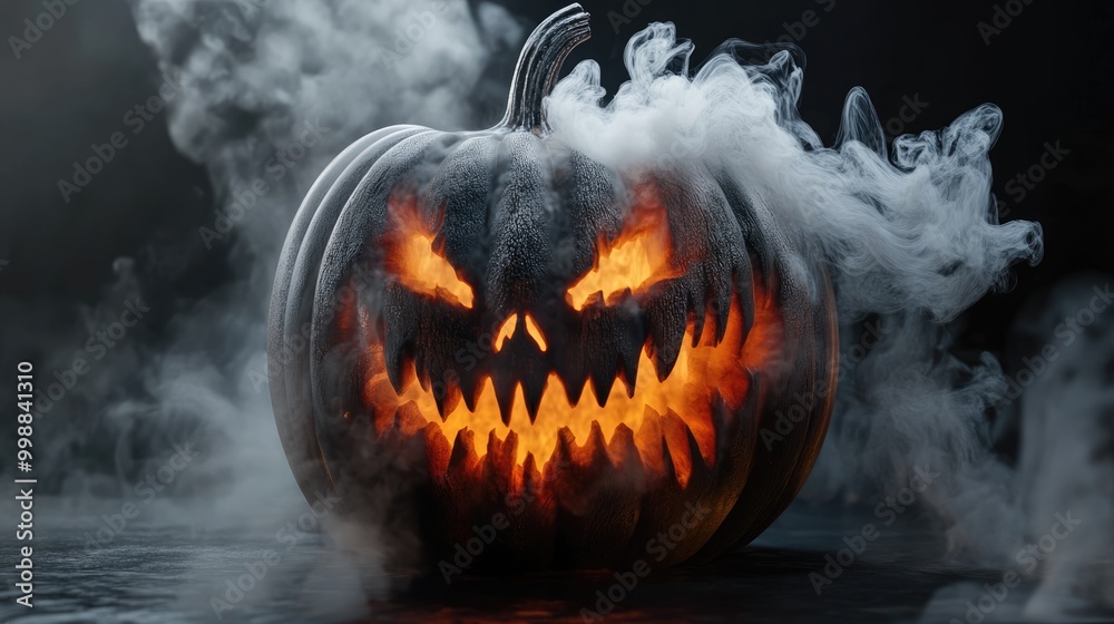 Fototapeta premium Halloween themed pumpkin with a menacing face and gray smoke on a dark background