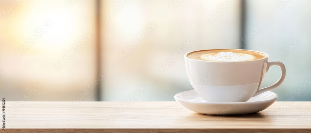  A cappuccino atop a white saucer on a weathered table by the window