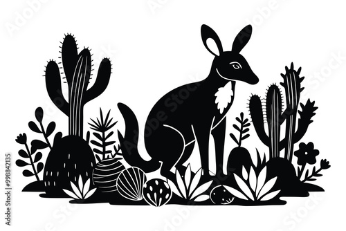 wallaby in plants and cactus white background D.eps