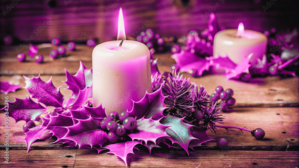 Burning candles stand on a wooden table surrounded by holly leaves in a pink color scheme—the atmosphere of Christmas and New Year. Burning candles stand on a wooden table surrounded by holly leaves in a pink color scheme—the atmosphere of Christmas and New Year.
