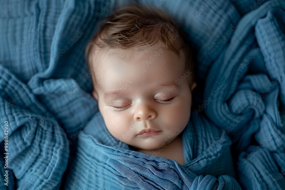 A newborn baby boy peacefully sleeps in a blue blanket. A newborn baby boy peacefully sleeps in a blue blanket.