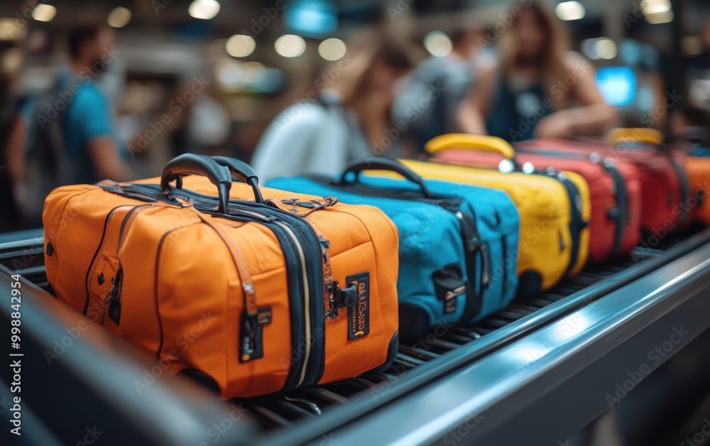 Fototapeta premium Travelers are retrieving colorful bags from the baggage claim area at the airport