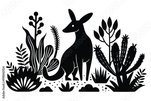 wallaby in plants and cactus white background H.eps