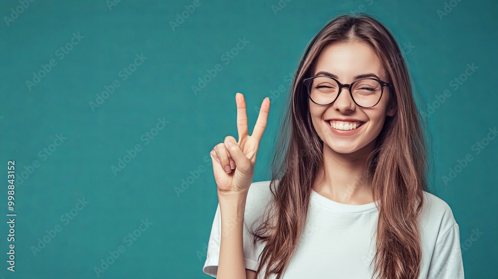 employee business woman wear white t-shirt, glasses, winking, happy smile, gesture v with hand two fingers, copy space, solid background employee business woman wear white t-shirt, glasses, winking, happy smile, gesture v with hand two fingers, copy space, solid background