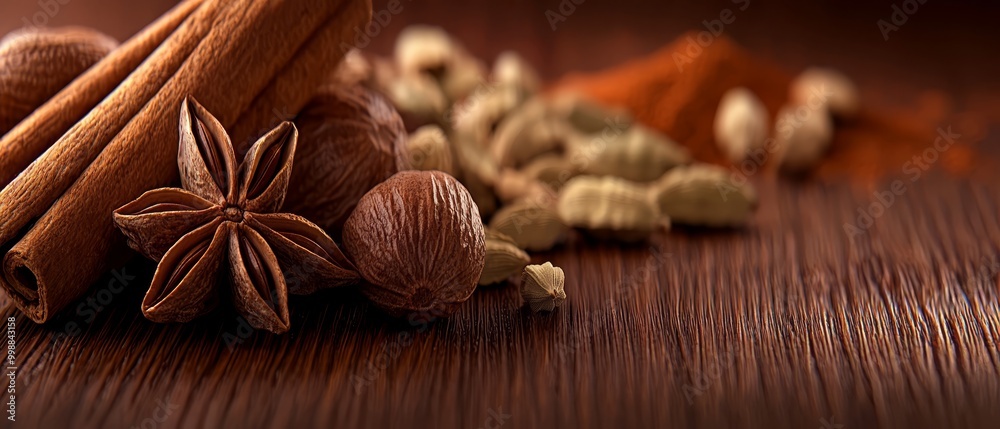 Cinnamon sticks, star anise, and other spices rest atop a weathered wooden surface A worn wooden spoon lies in the foreground Cinnamon sticks, star anise, and other spices rest atop a weathered wooden surface A worn wooden spoon lies in the foreground