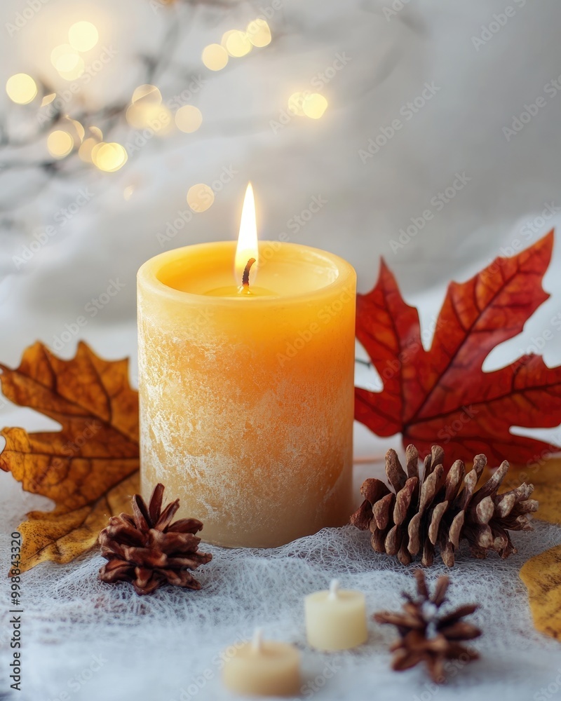 Autumn themed candles and leaves composition on light background Autumn themed candles and leaves composition on light background