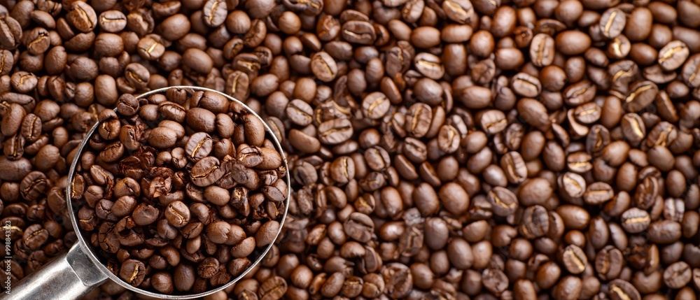 A magnifying glass hovering over a mound of coffee beans against a backdrop of more beans A magnifying glass hovering over a mound of coffee beans against a backdrop of more beans
