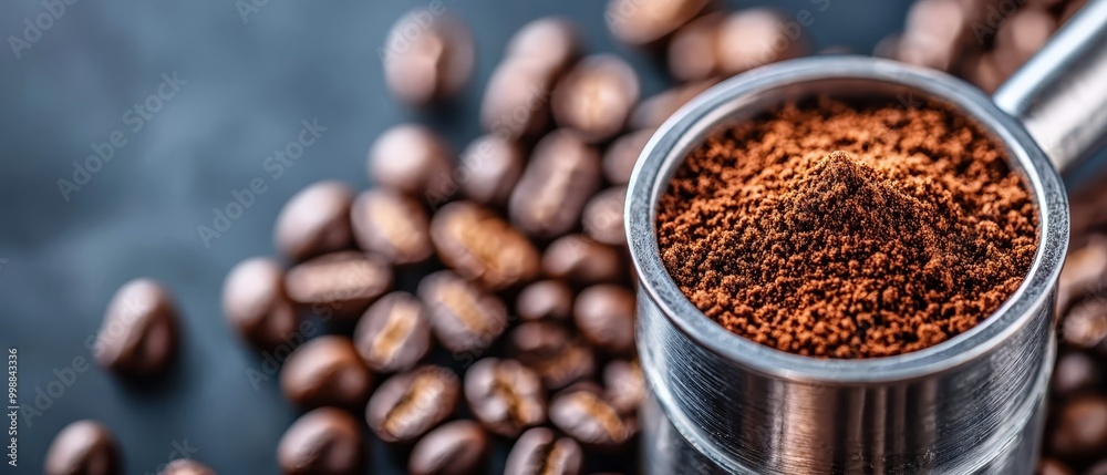 A coffee grinder, brimming with coffee beans, sits atop a black table Nearby, an untouched mound of beans waits A coffee grinder, brimming with coffee beans, sits atop a black table Nearby, an untouched mound of beans waits