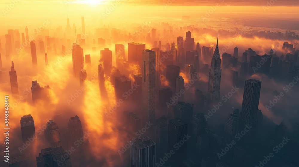 Aerial view of skyscrapers shrouded in dense fog at sunrise, with golden light softly illuminating the cityscape for a mysterious atmosphere. Aerial view of skyscrapers shrouded in dense fog at sunrise, with golden light softly illuminating the cityscape for a mysterious atmosphere.