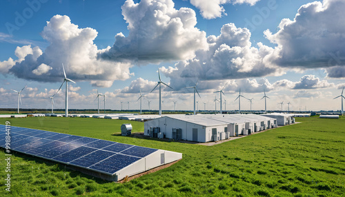 Ferme d'énergies renouvelables avec panneaux solaires et éoliennes photo