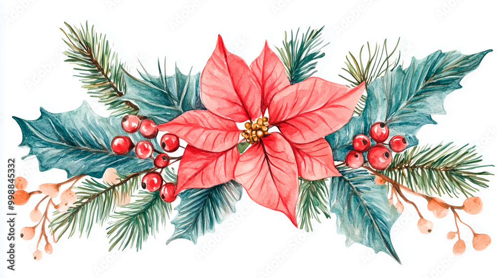 custom made wallpaper toronto digitalWatercolor illustration of poinsettia with festive details on white background