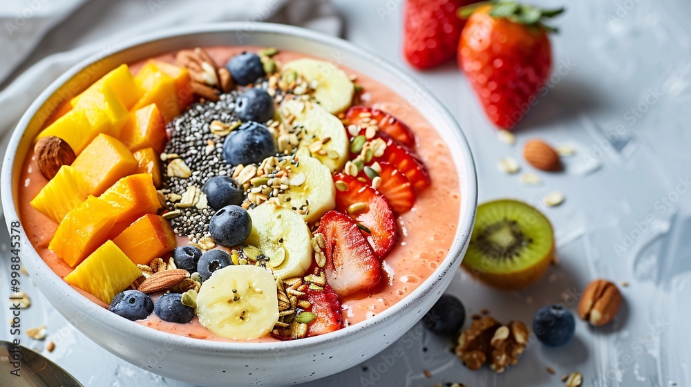Tropical smoothie bowl topped with sliced fruit, nuts and seeds Tropical smoothie bowl topped with sliced fruit, nuts and seeds