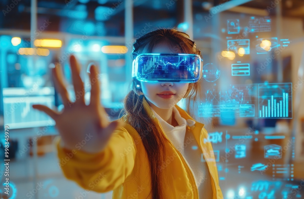 Young woman wearing VR headset, interacting with virtual reality interface, data, graphs, charts, and holograms. Young woman wearing VR headset, interacting with virtual reality interface, data, graphs, charts, and holograms.