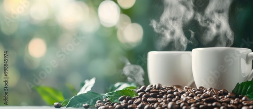  A couple of coffee mugs atop two piles of coffee beans