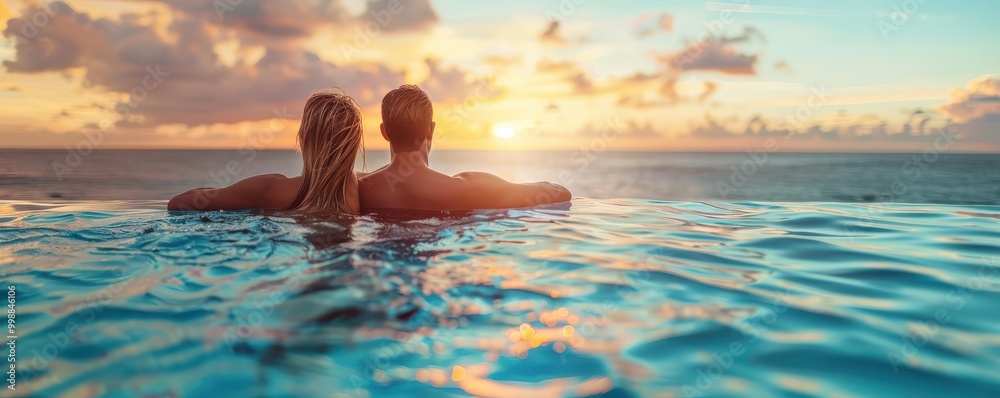 Couple relaxing in an infinity pool with breathtaking ocean views during a romantic tropical getaway. Free copy space for banner.