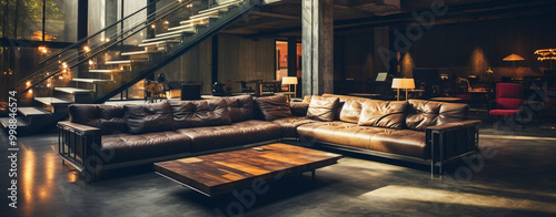 Modern industrial living room interior with leather sofa