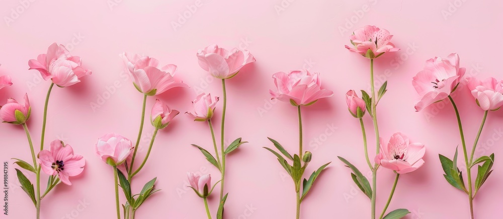 Fototapeta premium Flowers Composition Pink Flowers On Pink Background Easter Spring Concept Greeting Card Flat Lay Top View