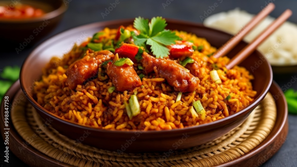 Delicious Asianinspired fried rice with chicken and vegetables Delicious Asianinspired fried rice with chicken and vegetables