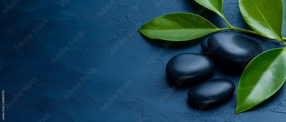 Three black stones and two green leaves on a blue table against a dark blue backdrop Three black stones and two green leaves on a blue table against a dark blue backdrop