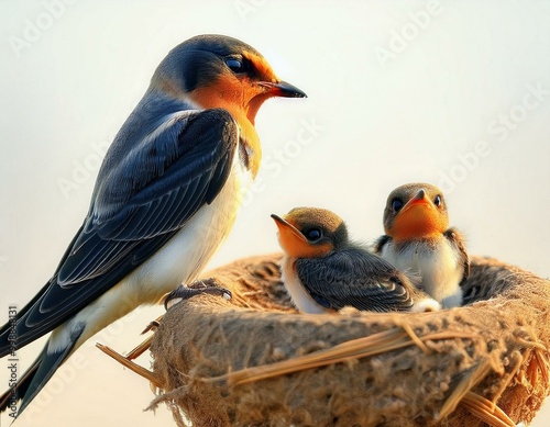 A beautiful mother swallow with its little birds