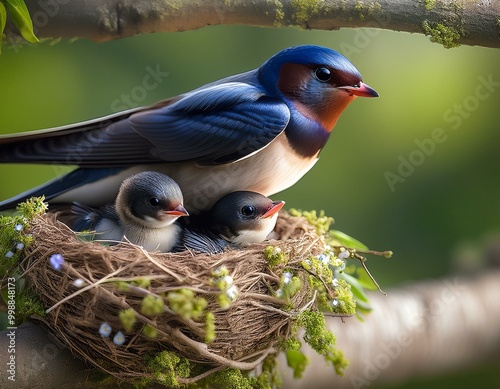 A beautiful swallow family in its nest in a tree
