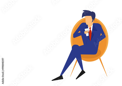 Business man is sitting on a sofa and a coffee cup