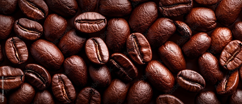 Fototapeta premium A stack of coffee beans aligned on a wooden table, adjacent to another stack