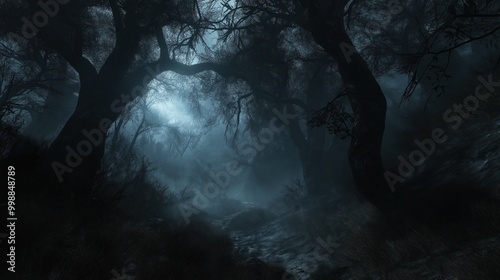 A dark, dense forest at twilight, with an eerie glow illuminating the trees.