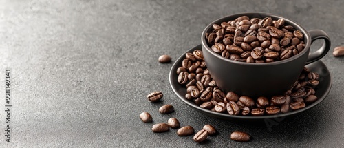  A cup filled with coffee beans sits atop a saucer Nearby, a pile of roasted coffee beans awaits