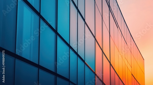 Wallpaper Mural Image of a glass building reflecting vibrant blue and orange hues during sunset. Torontodigital.ca