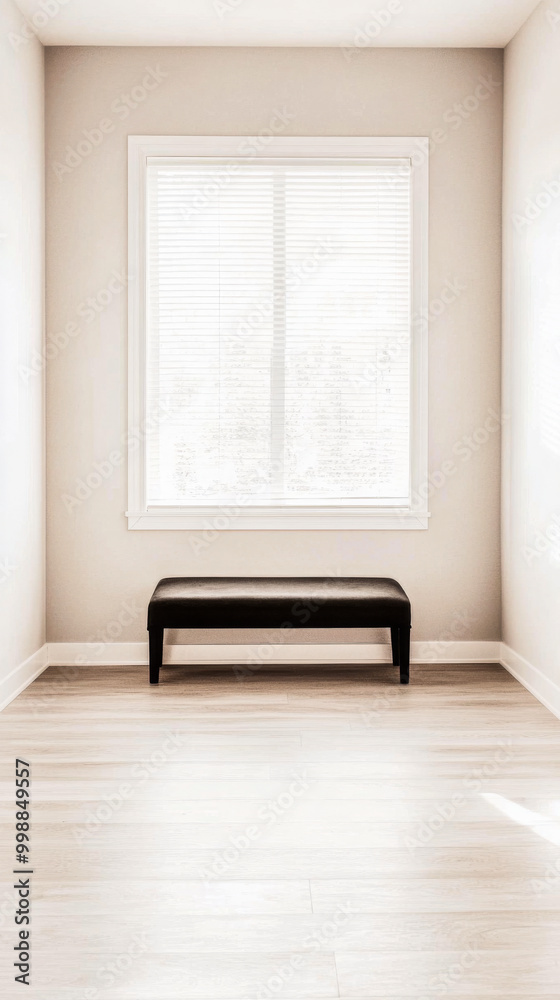 Fototapeta premium Bright and minimalist interior with a bench under a window in a serene setting during daylight hours