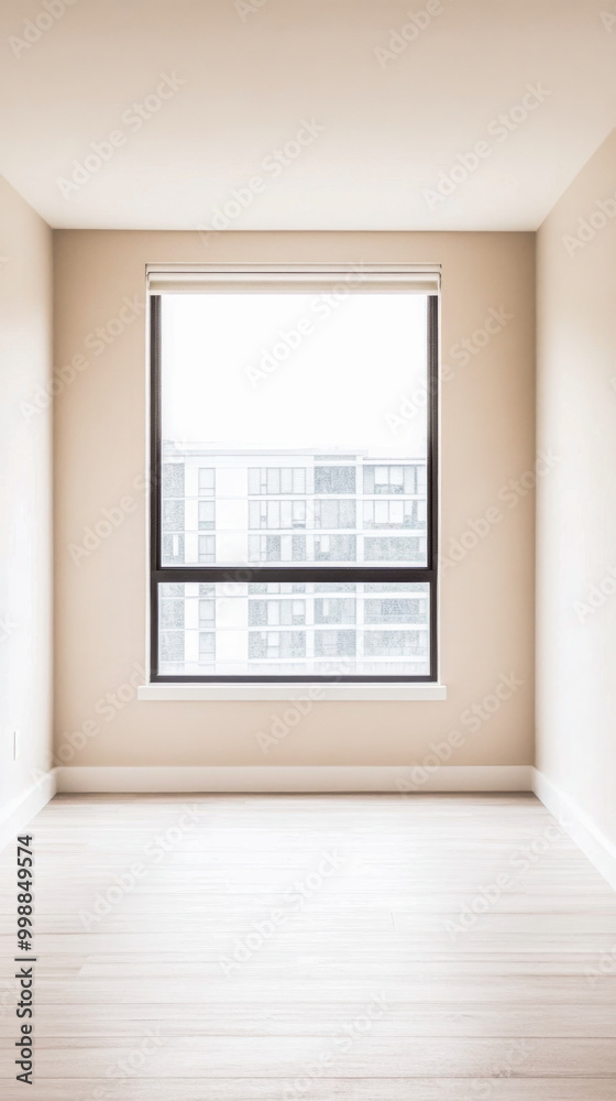 Fototapeta premium A bright, empty room with a large window showcasing modern urban architecture on a sunny day