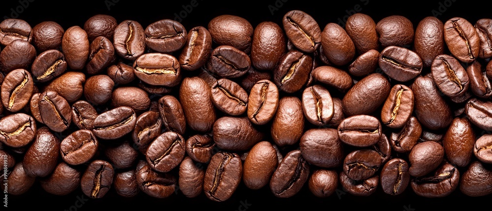 Fototapeta premium A black table is covered with a heap of coffee beans, stacked neatly next to one another