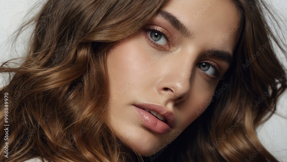 Artistic composite featuring close-up of a serene woman with wavy hair and collage overlay. Artistic composite featuring close-up of a serene woman with wavy hair and collage overlay.
