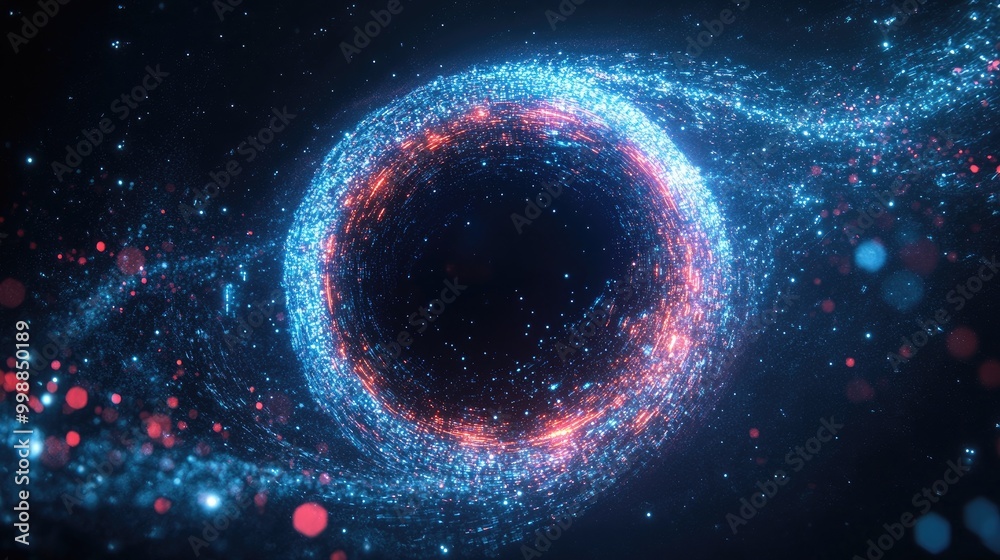 Abstract glowing circle with blue and red particles swirling around a black center on a dark background. Abstract glowing circle with blue and red particles swirling around a black center on a dark background.