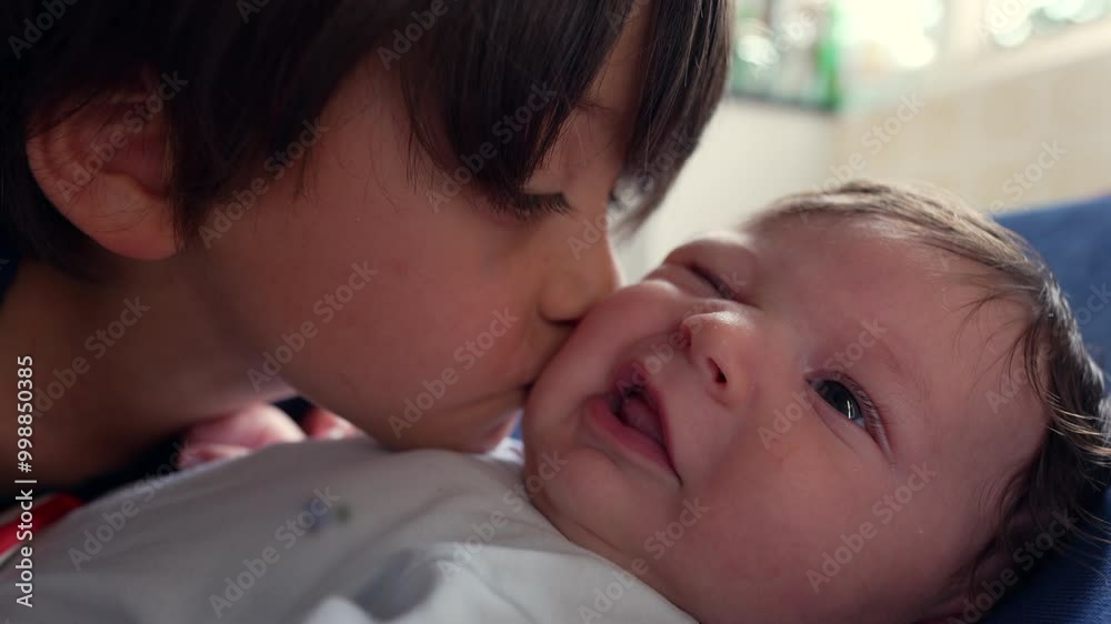 Close-up of older brother kissing baby sibling, showing tender affection and a strong bond between siblings in a warm, intimate family moment at home Close-up of older brother kissing baby sibling, showing tender affection and a strong bond between siblings in a warm, intimate family moment at home