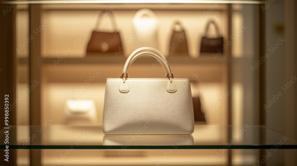 Fototapeta premium A minimalist designer purse in soft crem, placed on a glass shelf in a boutique setting, with soft lighting highlighting its smooth texture
