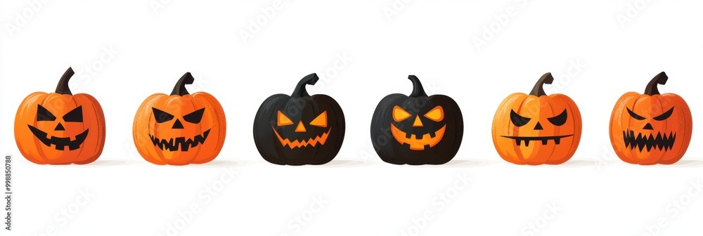 illustration of a row of pumpkins with angry faces on a white background dark black and orange color scheme Generative AI illustration of a row of pumpkins with angry faces on a white background dark black and orange color scheme Generative AI
