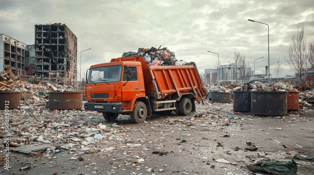 Garbage Truck In Front of Destroyed Building After Bombardment Garbage Truck In Front of Destroyed Building After Bombardment