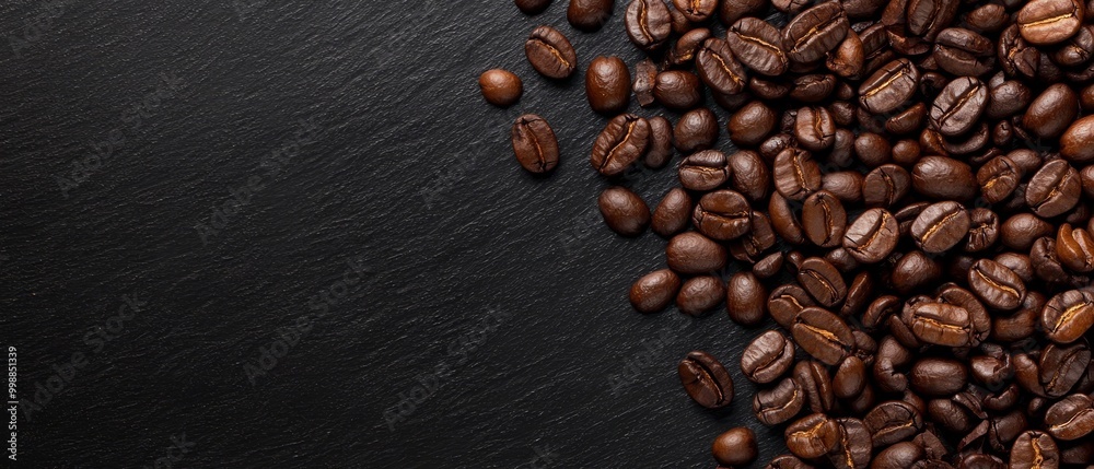 A stack of coffee beans atop a black table, adjacent to a sheet of papered writing A stack of coffee beans atop a black table, adjacent to a sheet of papered writing