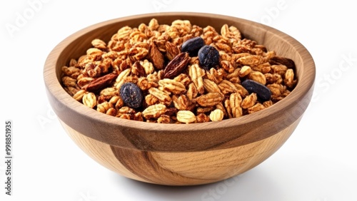  Healthy and delicious granola mix in a wooden bowl