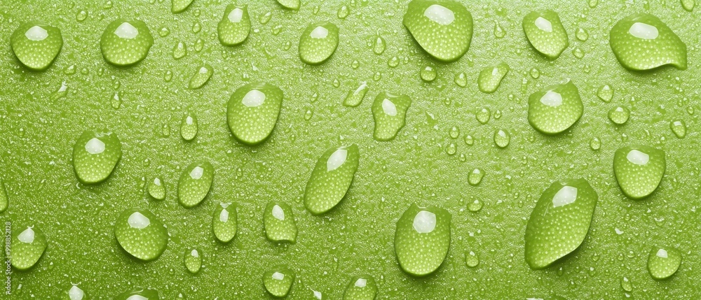 Green surface dotted with drops, water cascading from tops of leaves, beneath – more drops forming on surface bottom Green surface dotted with drops, water cascading from tops of leaves, beneath – more drops forming on surface bottom